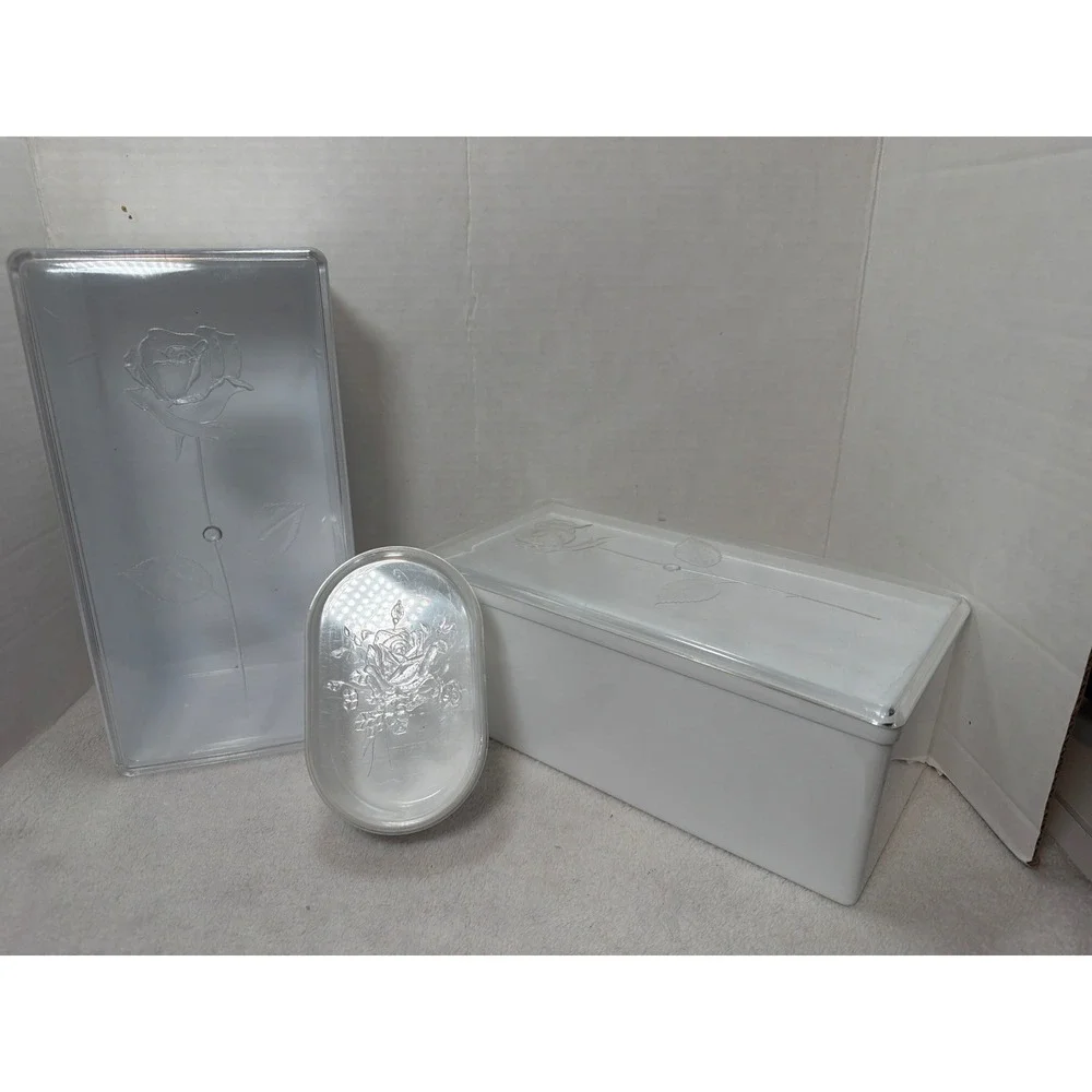 Vintage 60s Wil-hold Storage Box Set White Clear Embossed Rose 3 Piece